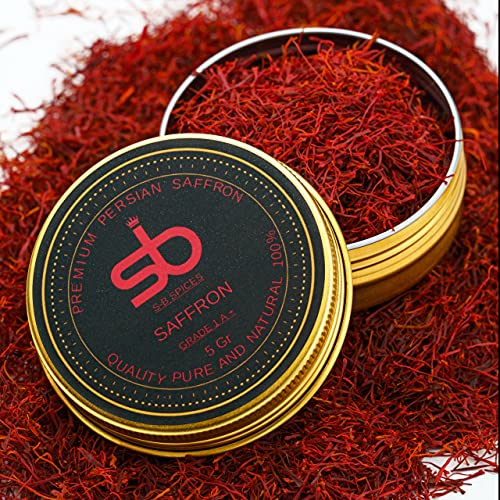 Saffron Threads - 5 Gram Red Thread In A Tin - Aromatic Saffron for Tea, Rice, Paella, Golden Milk, and More - Pure Saffron Spices for cooking - Free E-Book of Saffron Spice Recipes Included SB SPICES