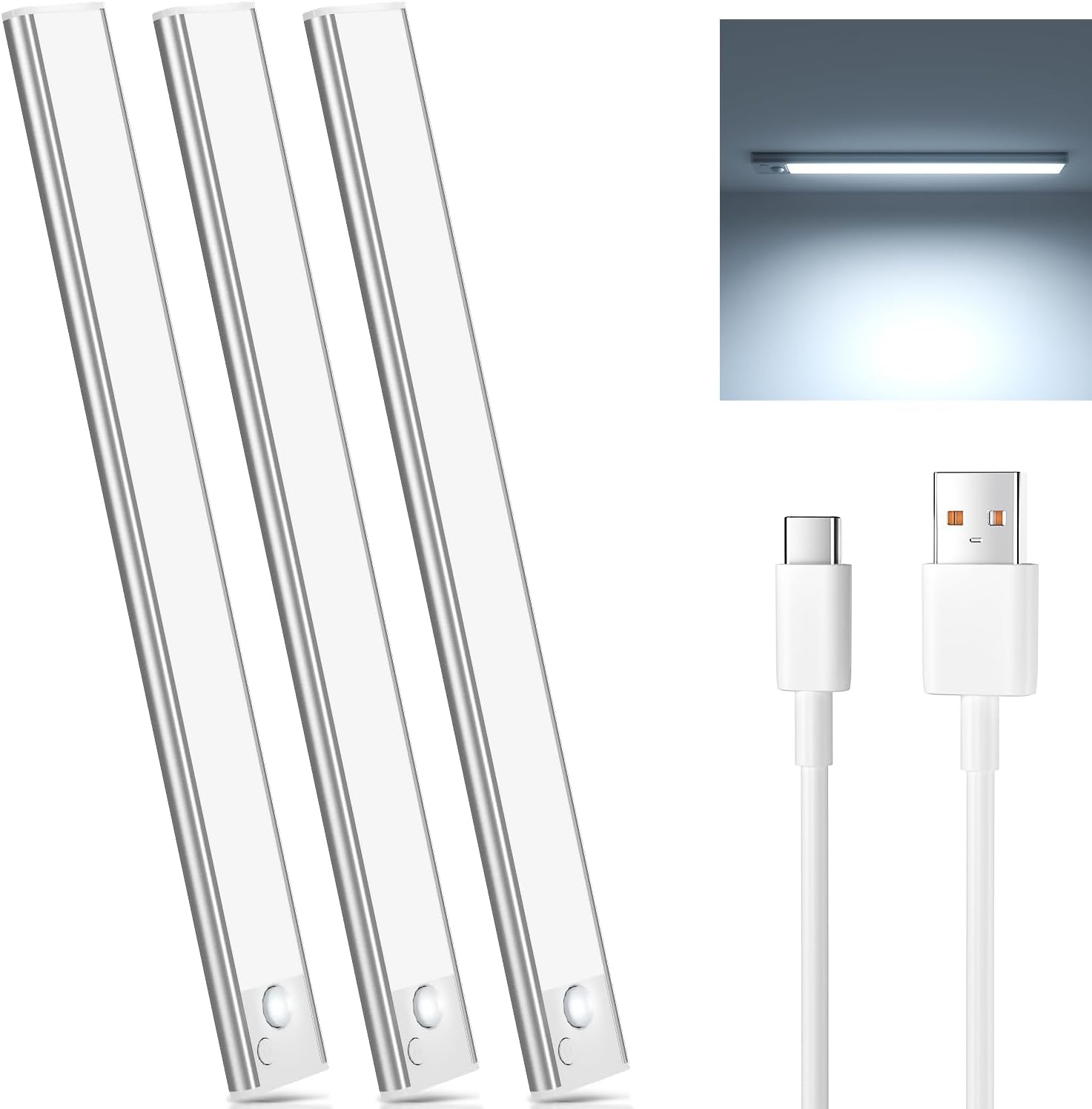 JEKEMORYE Under Cupboard Kitchen Lights LED - White 30CM 3 Pack - with 2 USB Cables