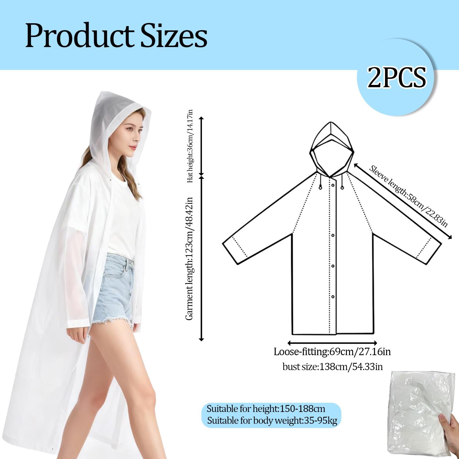 Pack De 2 Ponchos De Lluvia Impermeables Reutilizables EVA Unisex Con Capucha Y Mangas Para Viajes Y Senderismo
