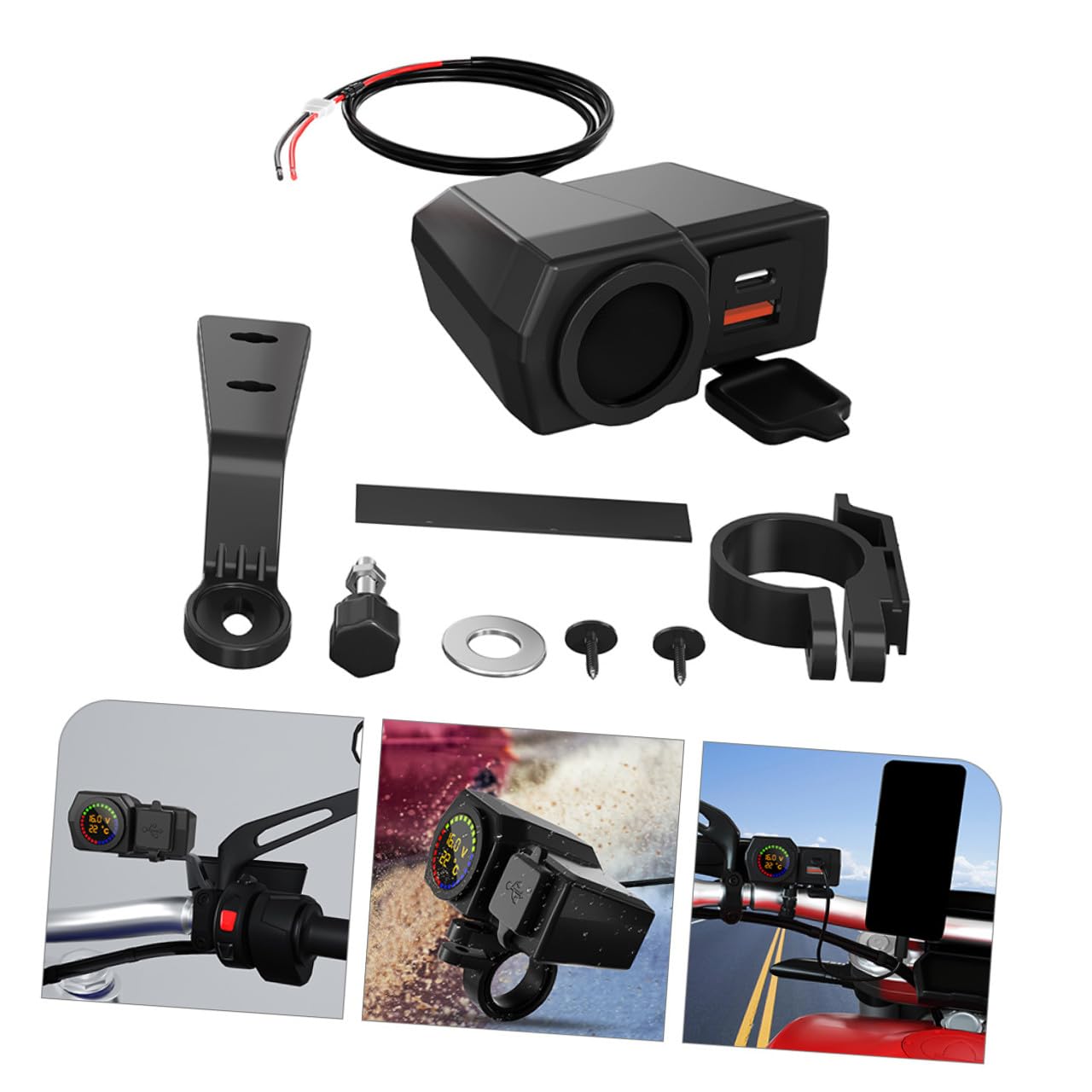 STOBAZA Motorrad Ladegerät mit Dualem USB Anschluss und Typ-c Digitales Voltmeter und Thermometer 70cm Stromkabel Schwarz aus Abs und Kupfer Kompatibel mit Motorrad und Autobatterie