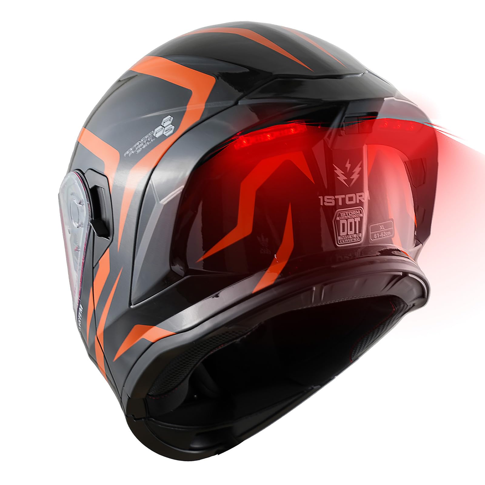 1Storm New Motorcycle Bike Modular Full Face Helmet Dual Visor Sun Shield with Rechargeable LED Tail Light: LED-X90 Arrow Orange : Automotive
