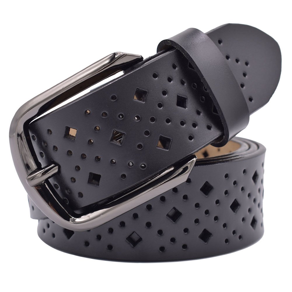 VONSELY Hollow Leather Belts for Women, Soft Leather Womens Belts with Pin Buckle, 1.5" Wide Black, Suit Waistline 25"-34"