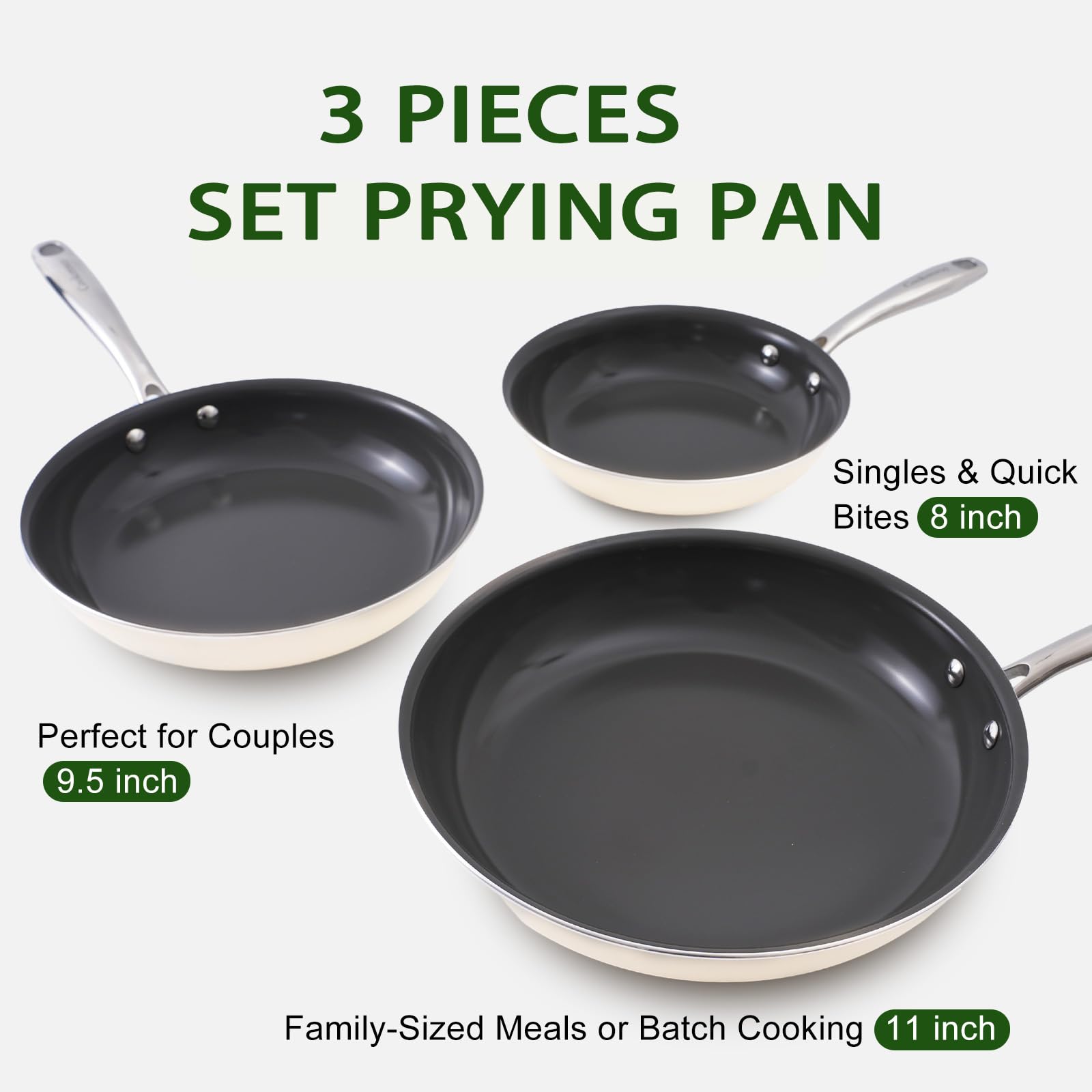 Kordisen Ceramic Nonstick Frying Pan Skillet Set With Lid, 3 Piece