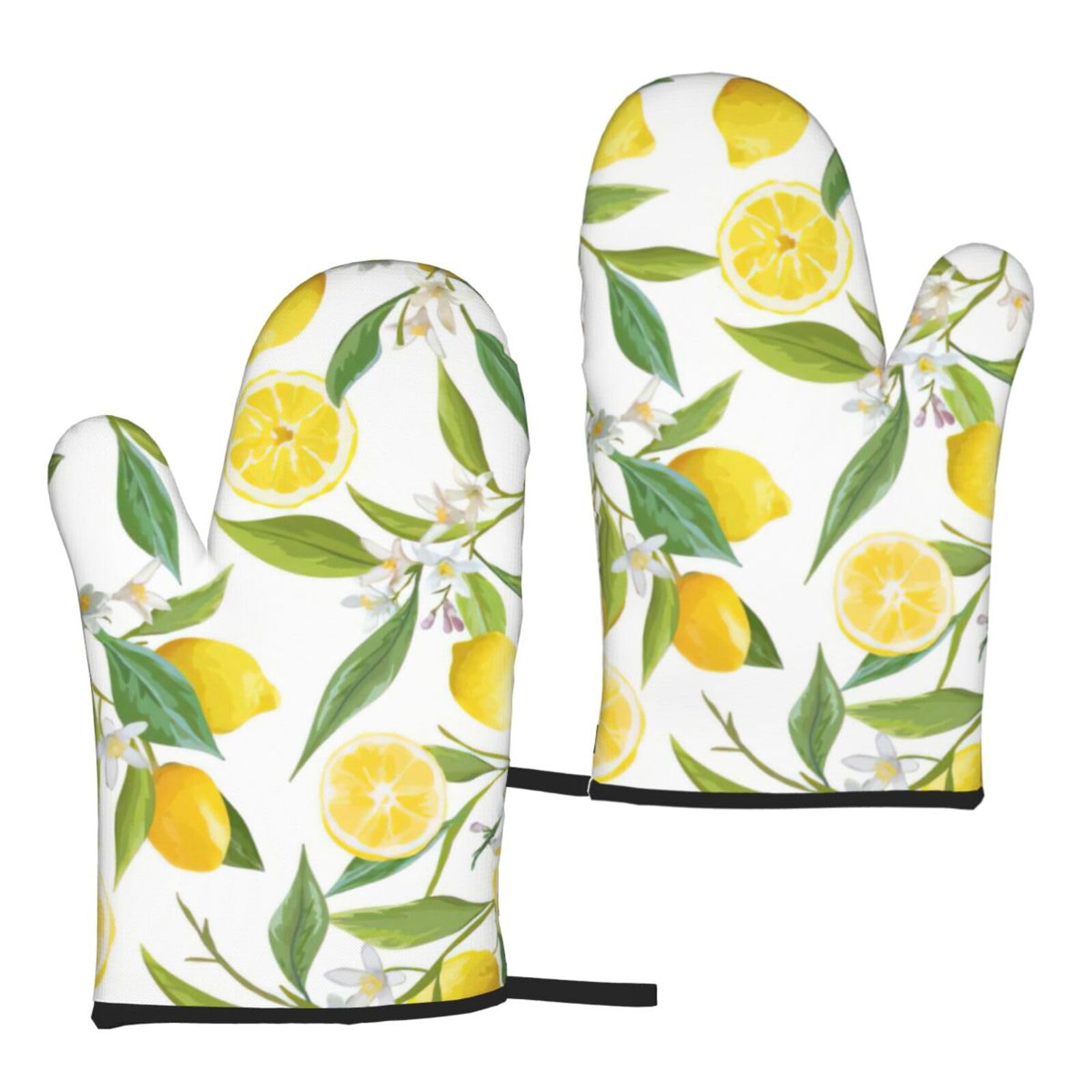 Nimongt Women's Black Fresh Tropical Lemons Print Adults Universal Fit Heat Resistant Oven Gloves Reusable Cooking Outdoor Grilling