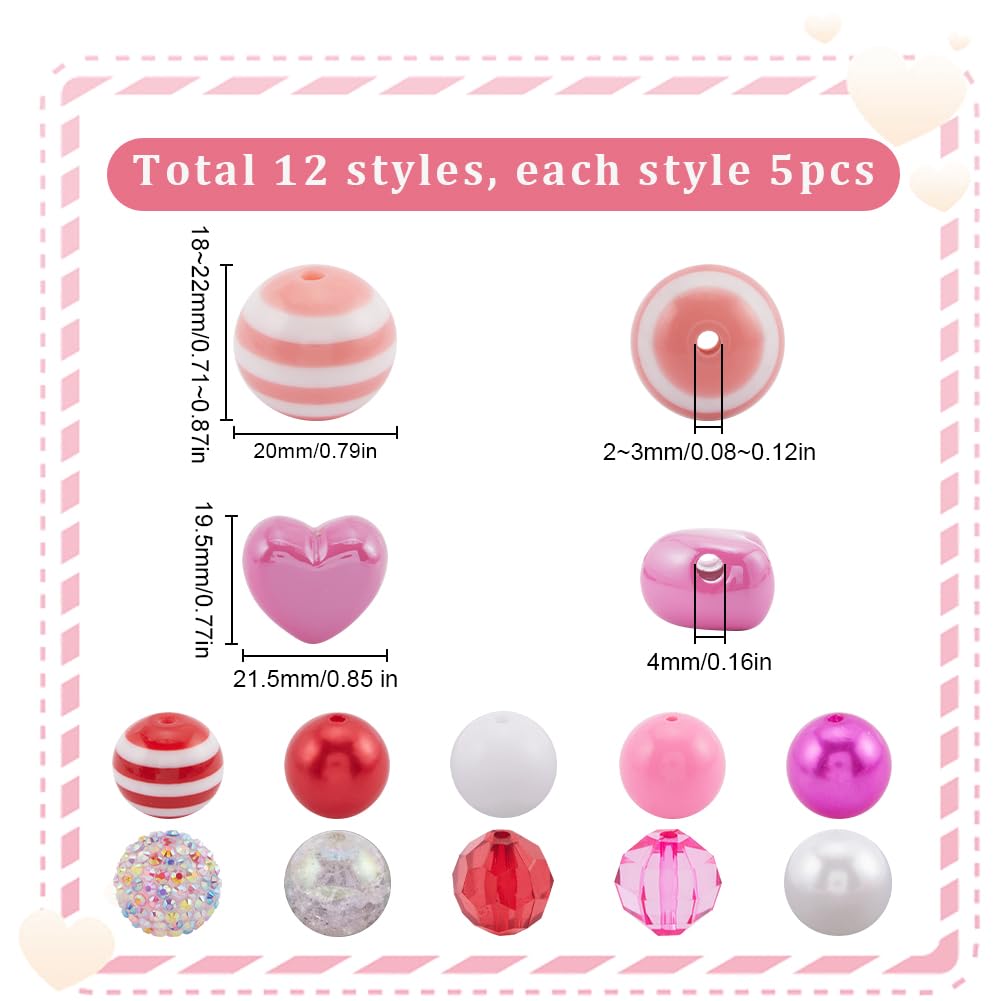 SUNNYCLUE 60Pcs Pink 20mm Candy Beads Pen Beads Bulk Bubblegum Round Pink Acrylic Plastic Rhinestone Large Focal Heart Beads for Valentine's Day DIY Crafting Beadable Pens Key Chains Bracelet Necklace - Image 2