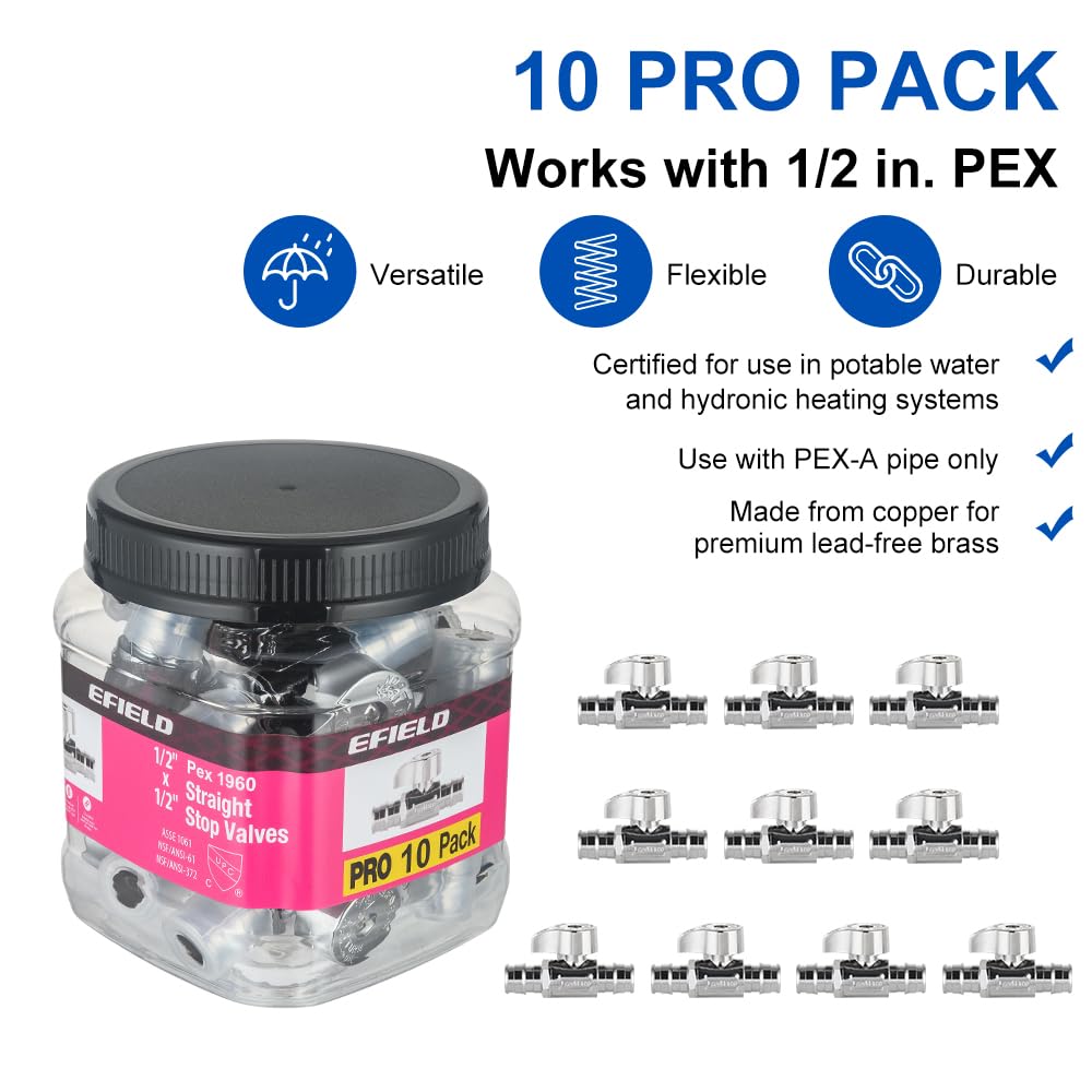 Pro EFIELD - Paquete de 10 válvulas de parada recta de 1/4 de giro Pex-A, expansión en frío de 1/2 pulgada Pex x 1/2 pulgada Pex cromada, ASTM F1960, resistente, latón LF