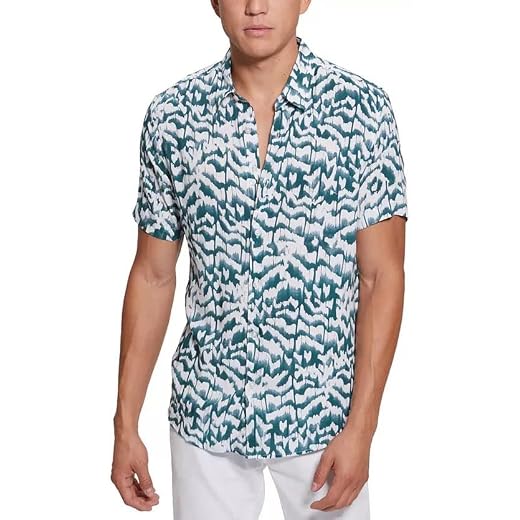GUESS Men's Short Sleeve Eco Rayon Chevron Ikat Shirt, Medium