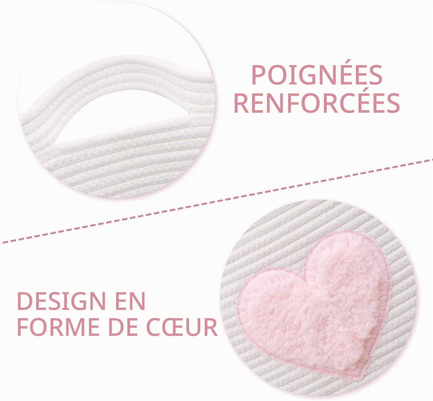 Grand panier en corde de coton, tissé, pour jouets, rangement de linge et de couvertures, rond avec poignées pour chambre d'enfant D45xH43 cm,produit breveté (rose)