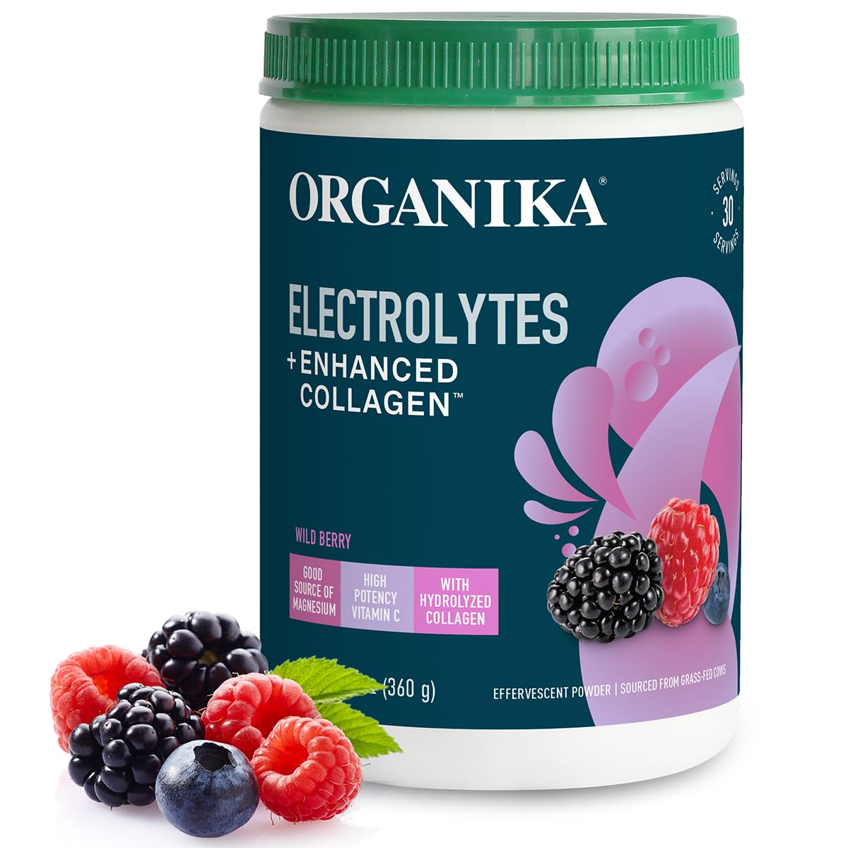 Organikа Electrolytes with Enhanced Collagen Powder for Women & Men - 13 oz - Wild Berry-Flavored Effervescent Electrolyte & Collagen Drink Mix - Deep Hydration, Mobility, Skin, Hair, & Nails