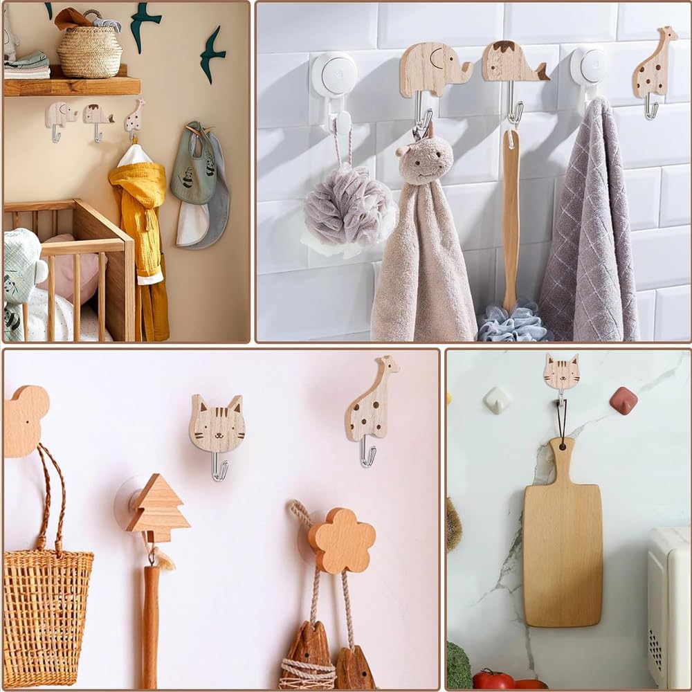 Ganci Adesivi Cucina Legno per Bambini Design Animali Carini Appendini da Muro Set 8 Pezzi