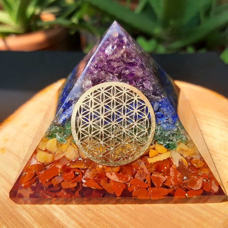 Image of Seven Chakra Orgonite Pyramid fillup with Natural Agate Stone Chips. for Reiki, Crystal Healing, Fangshui, Meditation, Gifting and Home Decor.(7 Chakra Orgonite, 2 inchin)