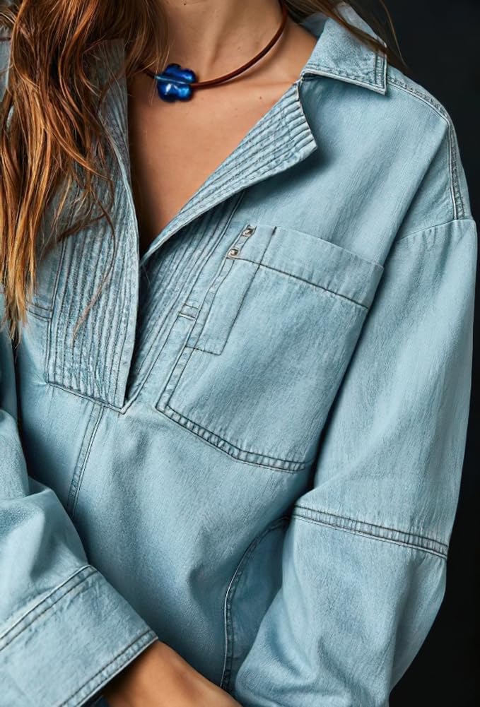 chouyatou Women's Distressed V Neck Denim Jackets Boyfriend Loose Fit Bussiness Casual Jean Pullover Tops - Image 3