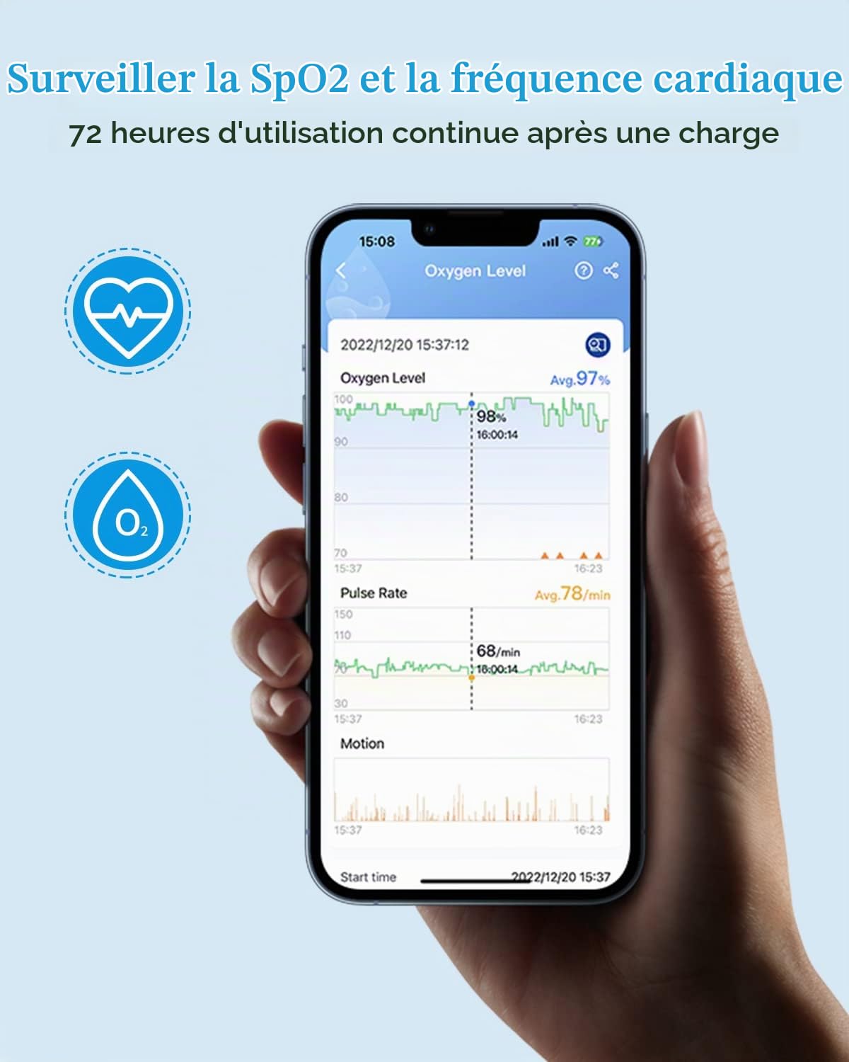 Oxymètre de Doigt Wellue, 72 heures d'autonomie, Apnée Sommeil Meter, Compteur de Saturation en Oxygène avec Bluetooth, Moniteur de Sommeil Portable avec Rapport APP et PC