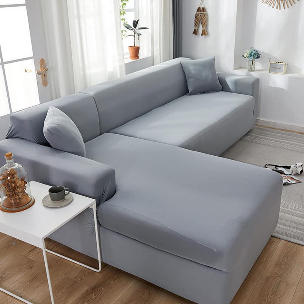 YOPOIY 2 pcs Spandex Non Slip Sectional Couch Cover super Stretch Soft L Shape Sofa Cover with Elastic Bottom for Sectional Sofa Cover -grey-1-2 seater+3 seater