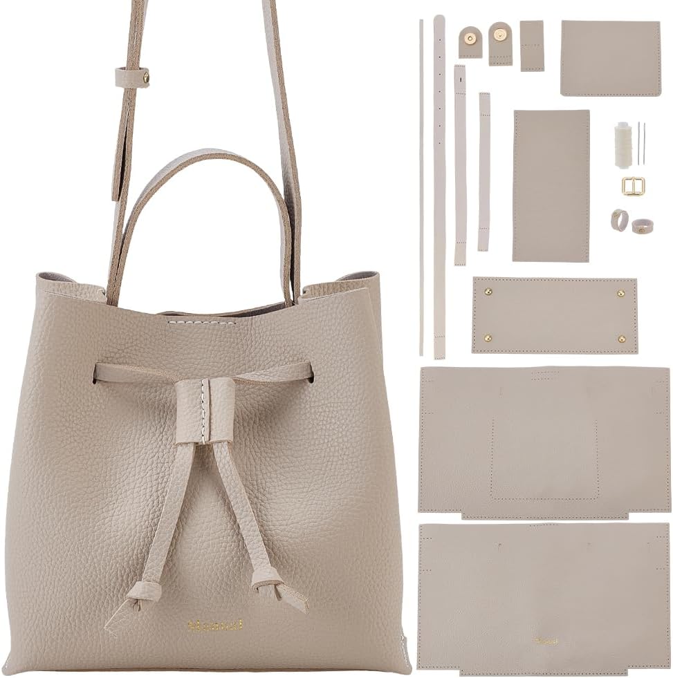 WEBEEDY DIY PU Leather Bucket Bag Making Kit Drawstring Pouch Kit DIY for Women Fashionable Handbag Sewing Supplies for Adults Valentine's Day Christmas Personalized Gift, 9.1x5.1x8.7 inch(White)