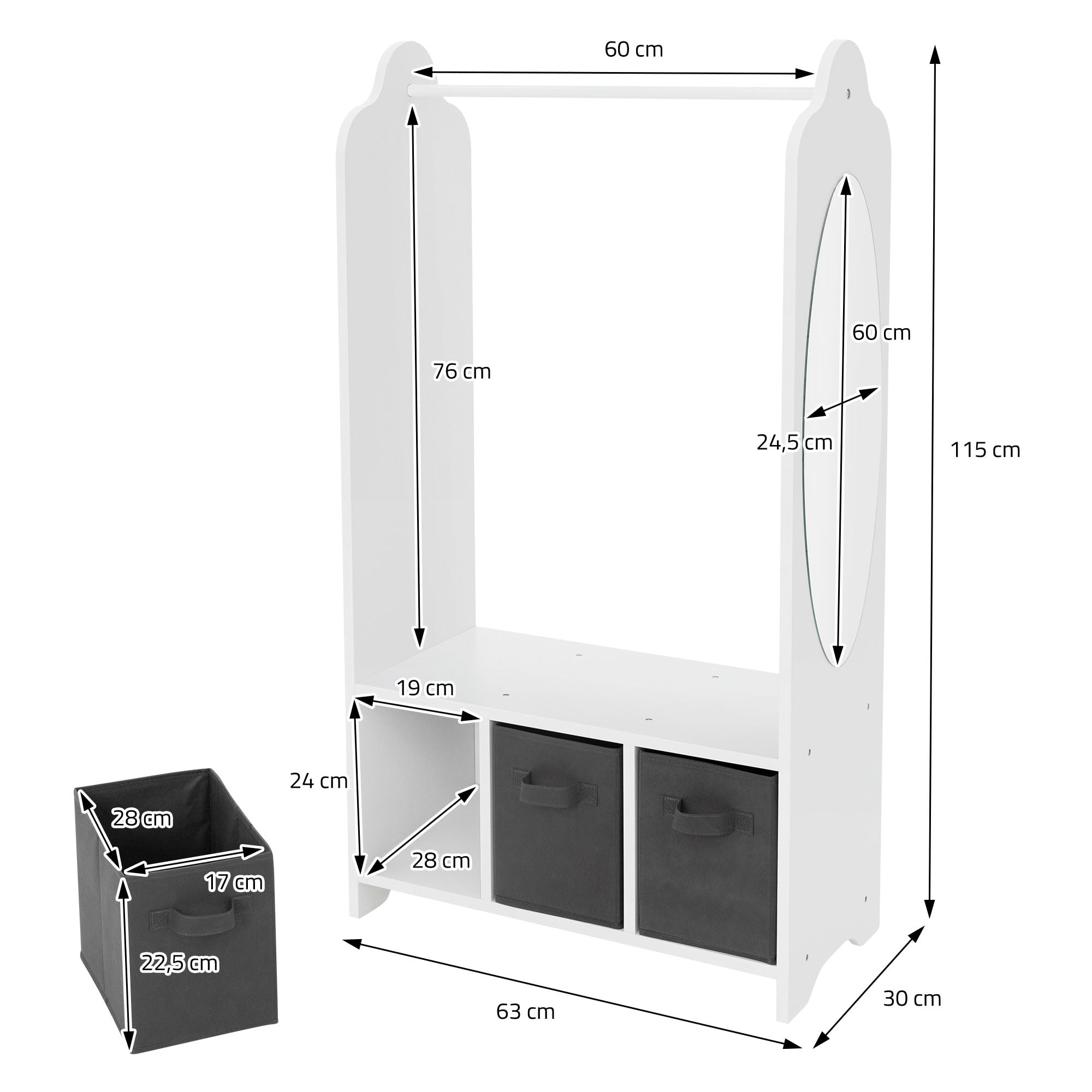 Joyz Perchero Infantil con Estante 63x30x115 cm Blanco Mueble en Pie con 3 Compartimentos y Espejo Diseño Espacial Zapatero Práctico y Decorativo Ropero para Habitación de Niños y Bebé