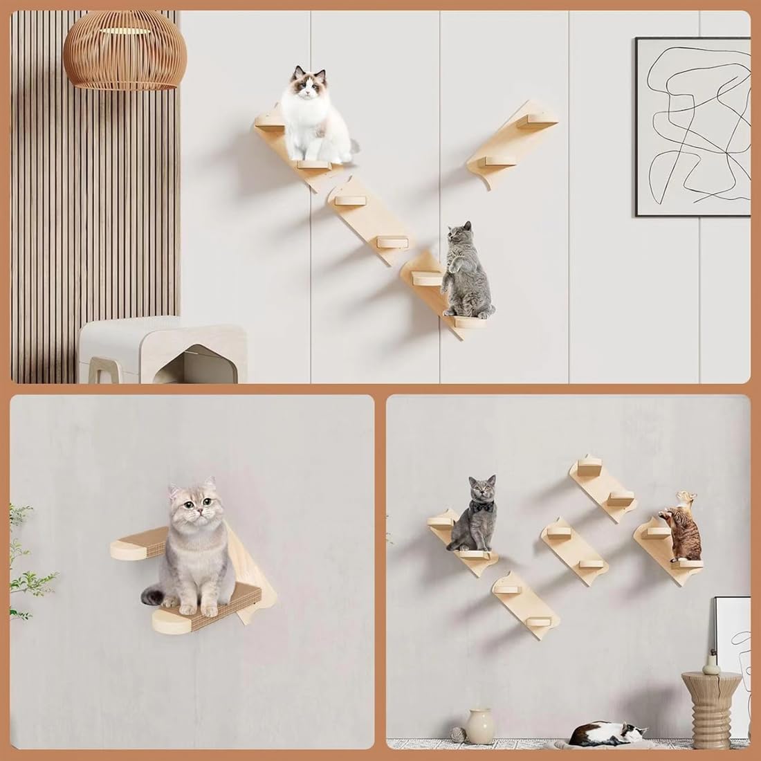 Katzentreppe 2 Stufen, Katzenleiter Mit Juteseil, Katzentreppe Wand, Katzenbretter Für Die Wand, Katzen Treppe, Katzentreppe Kletterwand Katzen Für Katze Klettern Spielen, Natürliche Holzfarbe