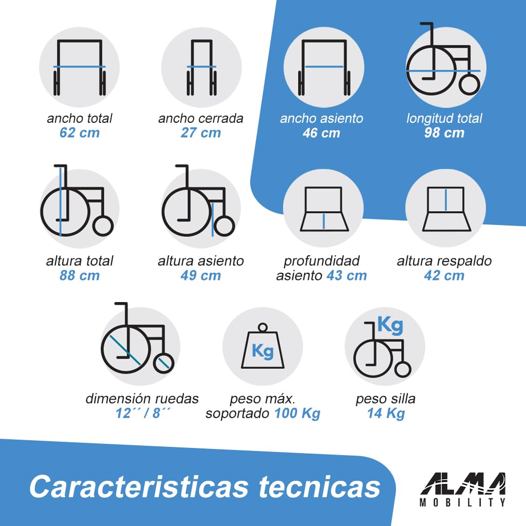 ALMA Silla de Ruedas de Tránsito Plegable, Reposapiés Abatible, Reposabrazos, Ruedas Traseras Macizas, Soporta hasta 100 kg