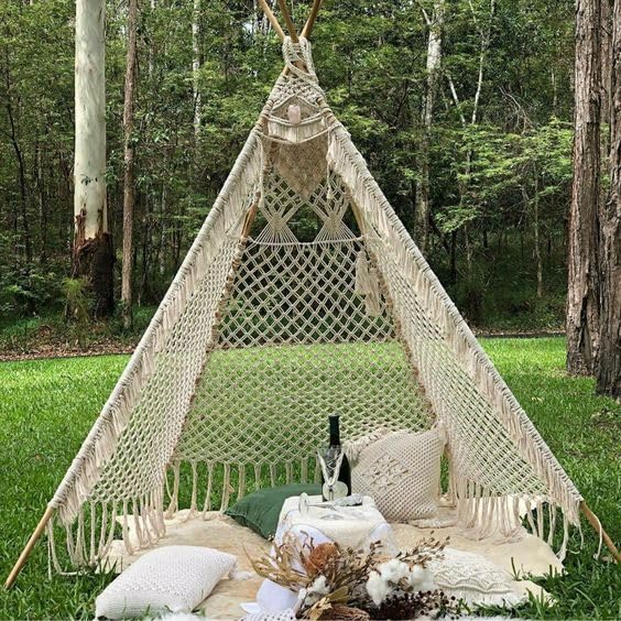 Macrame Teepee Tent for Outdoor Parties Handwoven Cotton Boho Tent House for Kids Playing Play Space Children, Garden, Living Home, Roof top Decoration, (8FT) Design-2