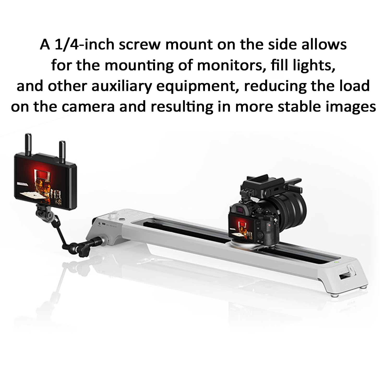 Slider motorizzato per fotocamera con rotazione panoramica, velocità regolabile per time-lapse e riprese video, compatibile con fotocamere reflex