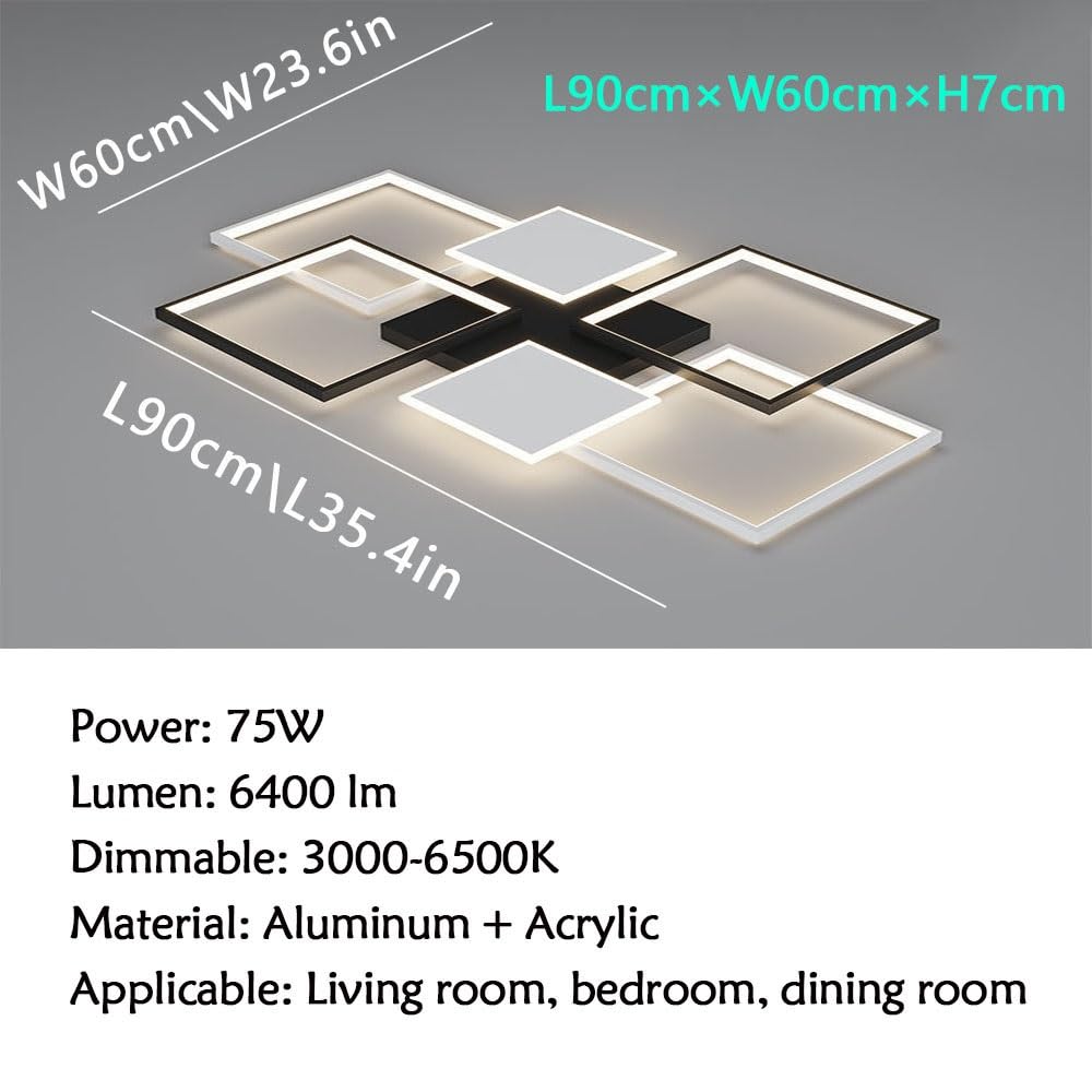 LIUYU Lámpara led de techo salón regulable 90x60cm negro-blanco 75W | Lámpara techo con mando a distancia, 6400lm, diseño rectangular, memoria 3000-6500K, luz de techo salón cocina dormitorio