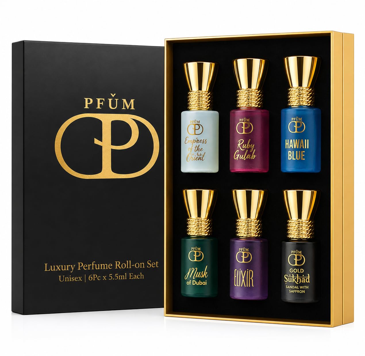 PFUM Luxury Alcohol Free Long Lasting Roll-On Attar Perfume Gift Set For Unisex 6Pcx5.5ml Each Total 33ml (Ruh Gulab, Hawaii Blue, White Oud, Musk of Dubai, Elixir-Scent of Love, Sukhad Chandan-Kesar)-image-5