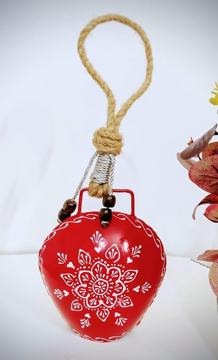 MIRAMAYEE (Red Color)- Religious Spiritual Hand Crafted Iron Bells Cow Bell - Decorative Wall Hanging - Home Wall D cor - Indoor & Outdoor Decoration 6 Inches.
