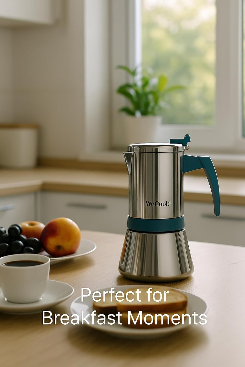 WECOOK! Cafetière italienne en acier inoxydable 18/10 pour induction 9 tasses – espresso/moka – poignée Soft-Touch en bakélite – soupape de sécurité en nickel – cuillère doseuse incluse