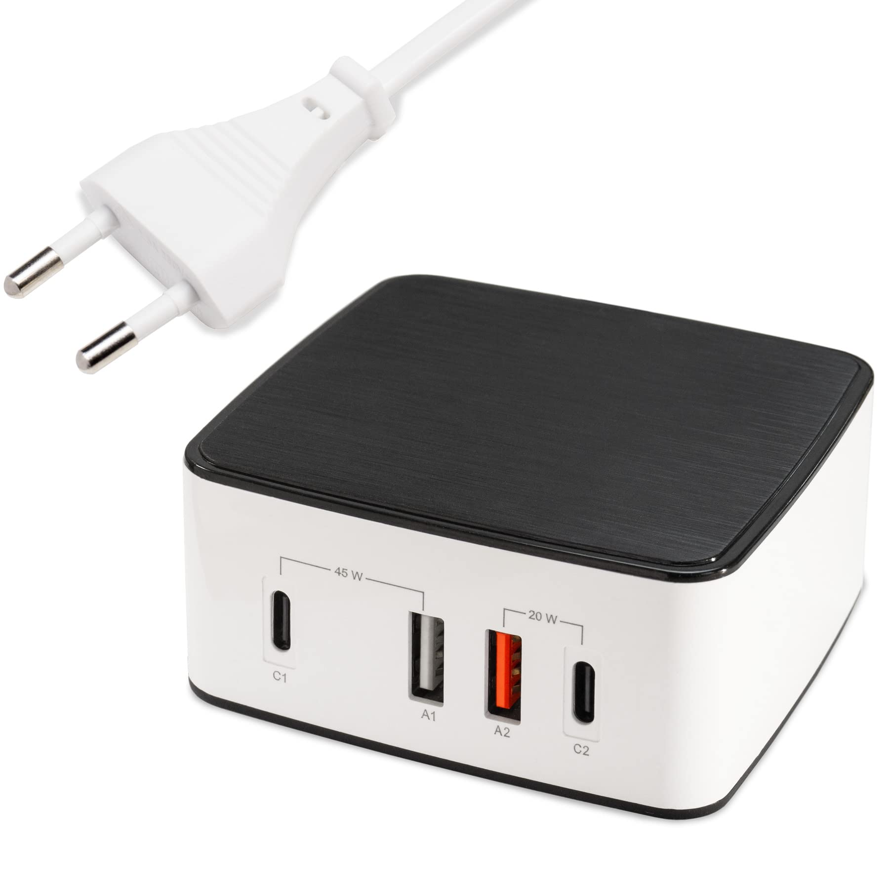 FeinTech NLG00165 - Caricatore USB C multiplo a 4 porte, 65 W (45 W + 20 W), alimentatore USB con 2 X USB-C PD e 2 X USB-A QC 3.0, ricarica USB per laptop, MacBook, tablet, iPad, telefono cellulare