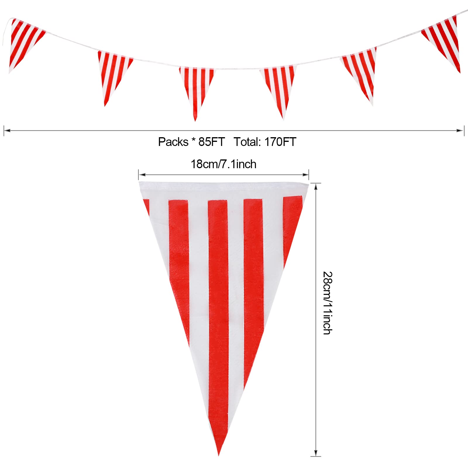 RUBFAC 170ft 120pcs Red and White Striped Pennant Banner Flags String Triangle Bunting Flags, Party Supplies for Carnival Circus Decorations, Kids Birthday, Christmas New Year Eve Celebration