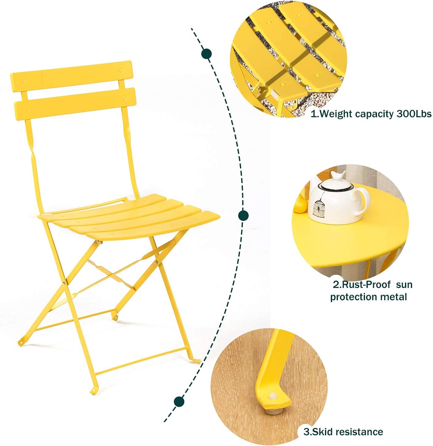 Grand patio 3 Piece Bistro Set, Weather-Resistant Folding Table and Chairs, Indoor/Outdoor Furniture Set (Yellow) : Patio, Lawn & Garden