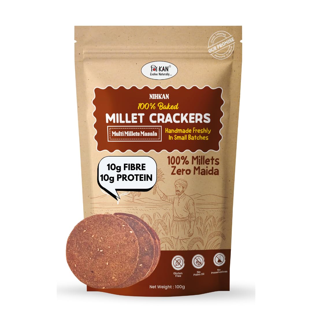 NIHKAN Multi Millet Crackers - Made with mix of Ragi, Jowar & Bajra | Gluten free | No Maida | High protein | Handmade & baked | Healthy Millet snack | No Preservatives & No Baking soda -100g (Multi Millet Masala Flavour)