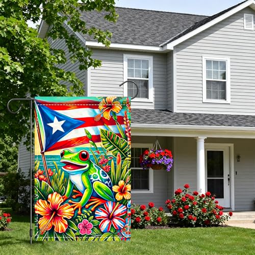 Image of Nuxovilar Puerto Rico Coqui Frog Flag 12x18 Double Sided Polyester | National Theme Flag Botanical Banner Coqui Frog Decor Puerto Rico Emblem Lawn Patio Yard (Coqui Frog)