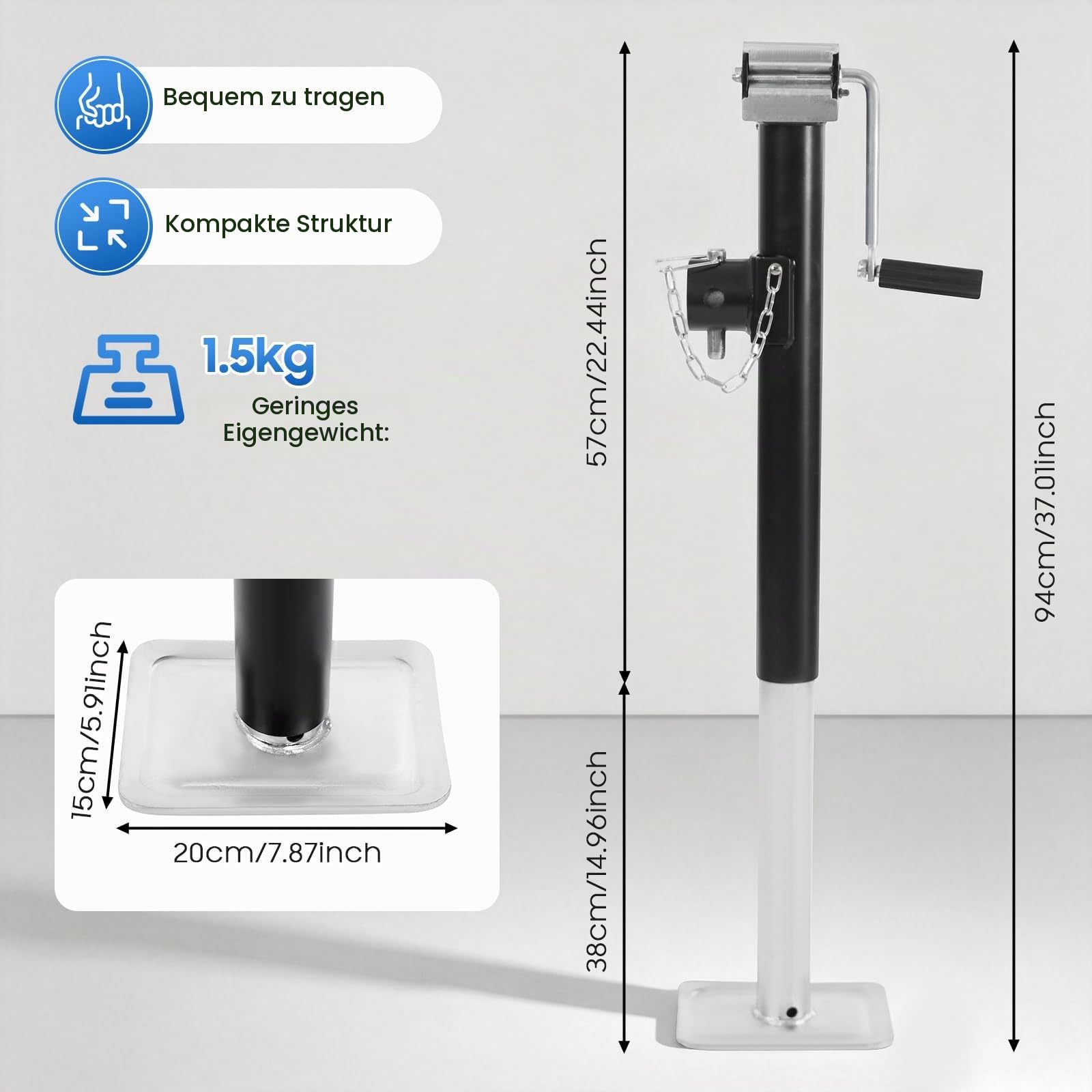 Anhängerstützen Höhenverstellbar, 380 mm Anhänger Stützen bis 5000lbs, Stützlast Ausdrehstütze Kurbelstütz Verzink für Anhängern, Wohnwagen, Yachten, Wohnmobilen und Anderen