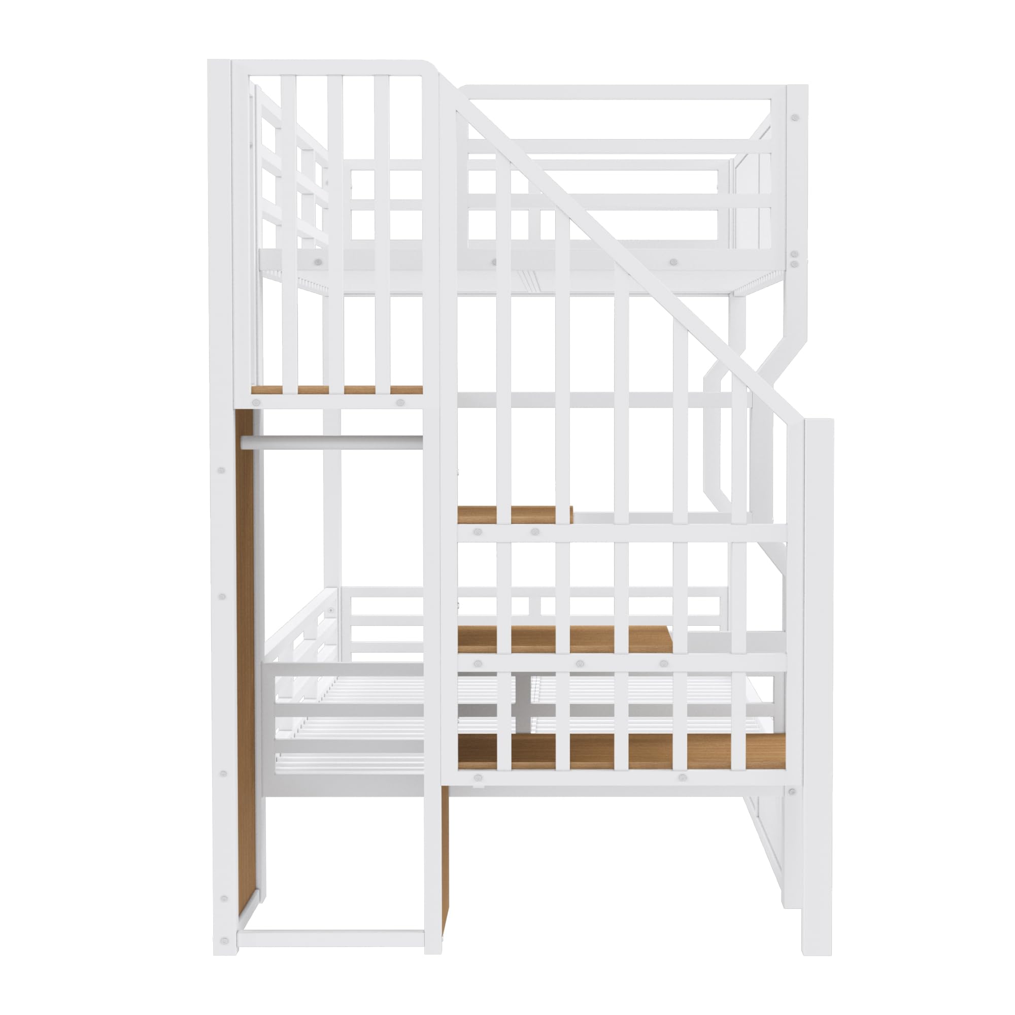 Etagenbett Kinderbett 90x200 cm mit LED und Stauraum, Metallbett Hochbett mit Treppe im Schrankstil und Rausfallschutz, Jugendbett Stockbett Bettgestell mit Lattenrost, Weiß, Ohne Matratze