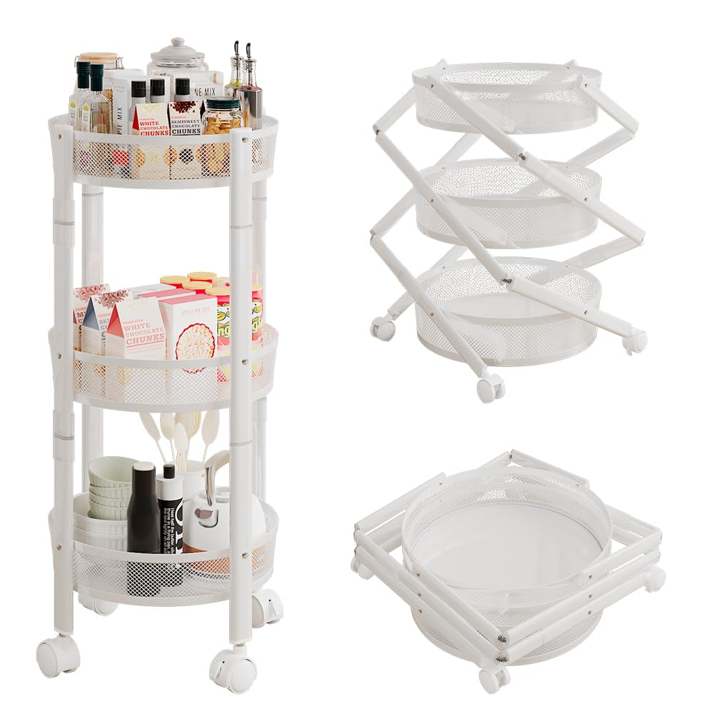 Photo 1 of *** DENTS ON BASKET ** FrameFy No Assemble 3 Tier Rolling Storage cart, Folding Utility cart with 2 Lockable Wheels, Multifunction Storage Organizer, Perfect for Bathroom, Kitchen, Snack, Craft (White)