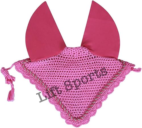 Miniatura 24 de Full/COB/Pony Horse Ear Bonnet 30 colores Fly Veil Crochet con ribete (pequeño/pony, rojo)