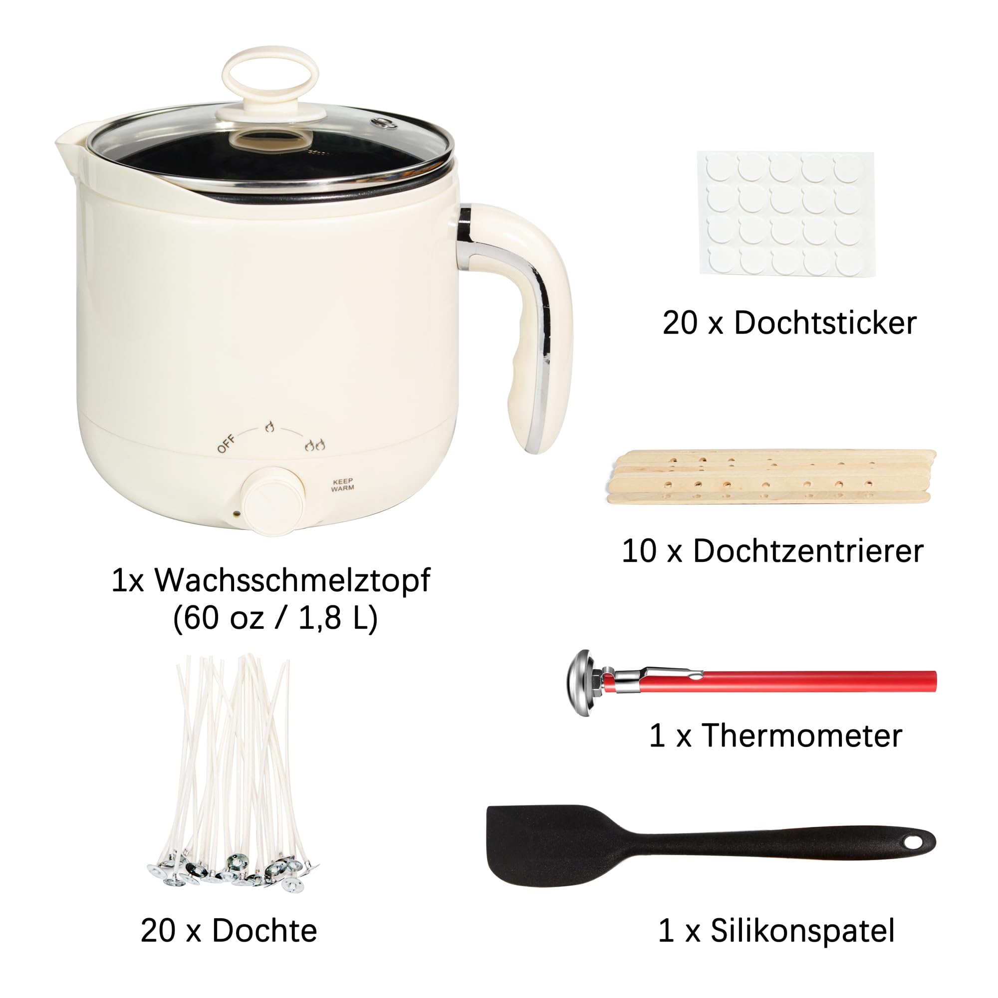 JULWHISPER 1,8L Wachsschmelzer für Kerzenherstellung mit Ausgießvorrichtung | EU Stecker, 1800ml großes Fassungsvermögen, Thermometer, Dochte, Zentriervorrichtung, Rührlöffel inklusive