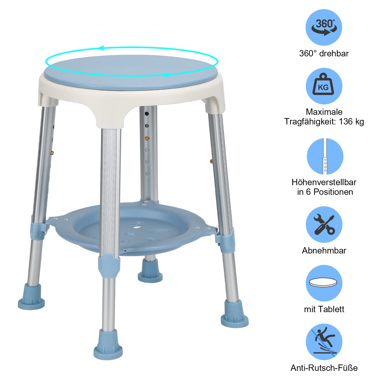 Taburete de ducha, altura regulable, giratorio 360°, capacidad de carga hasta 150 kg, silla de ducha, asiento de ducha, asiento de baño, para personas mayores y embarazadas, color azul y
