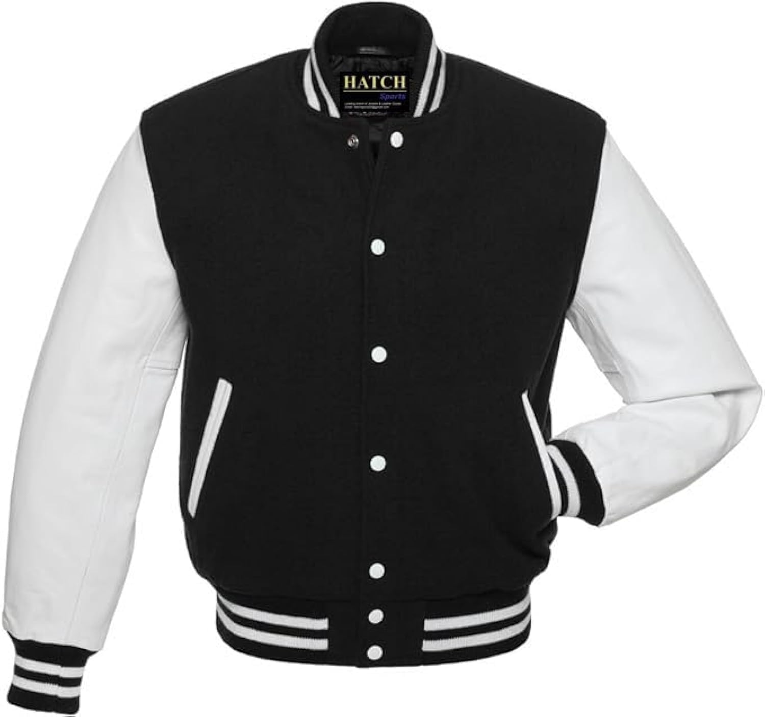 Men's Classic Varsity Jacket Genuine Leather Sleeve and Wool Blend Letterman Boys College Varsity Jackets (US, Alpha, Small, Regular, Regular, Black White)