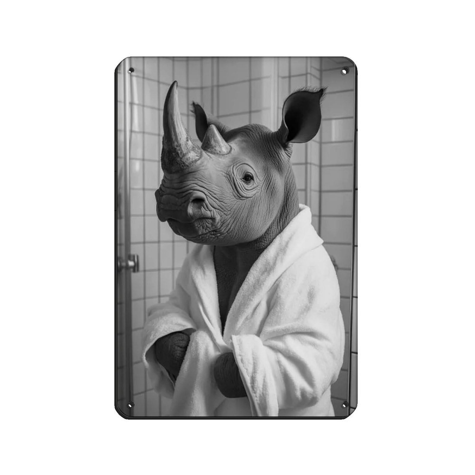 Rhino in A Bathrobe, Funny Bathroom Art Retro Poster Metal Tin Sign Chic Art Retro Iron Painting Bar People Cave Cafe Family Garage Poster Wall Decoration 8x12inch(20x30cm)