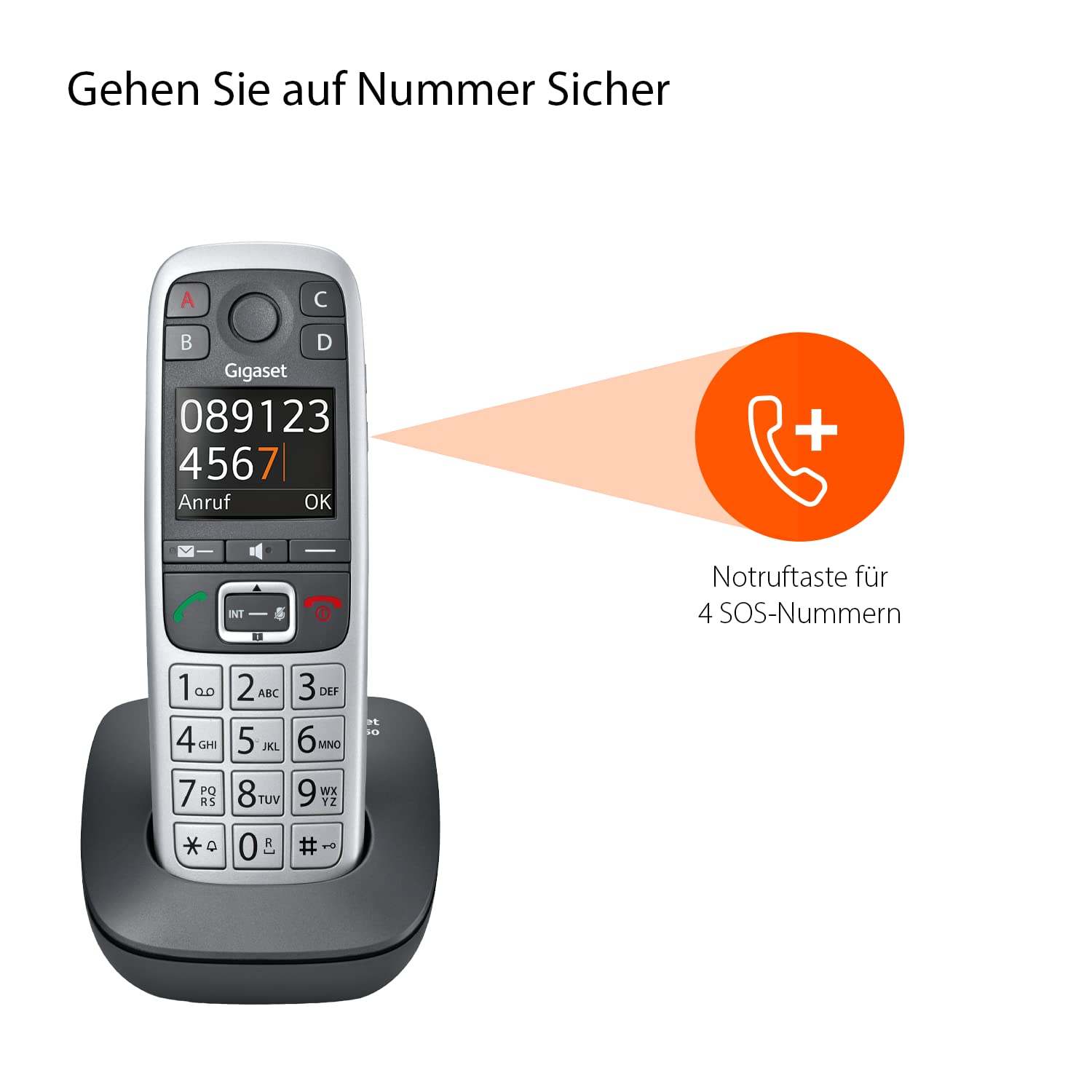 Gigaset E560 Schnurloses Senioren DECT-Telefon Notruftaste 4 SOS-Nummern Extra-Laut-Taste Freisprechfunktion extragroße Tasten silber Deutsche Version
