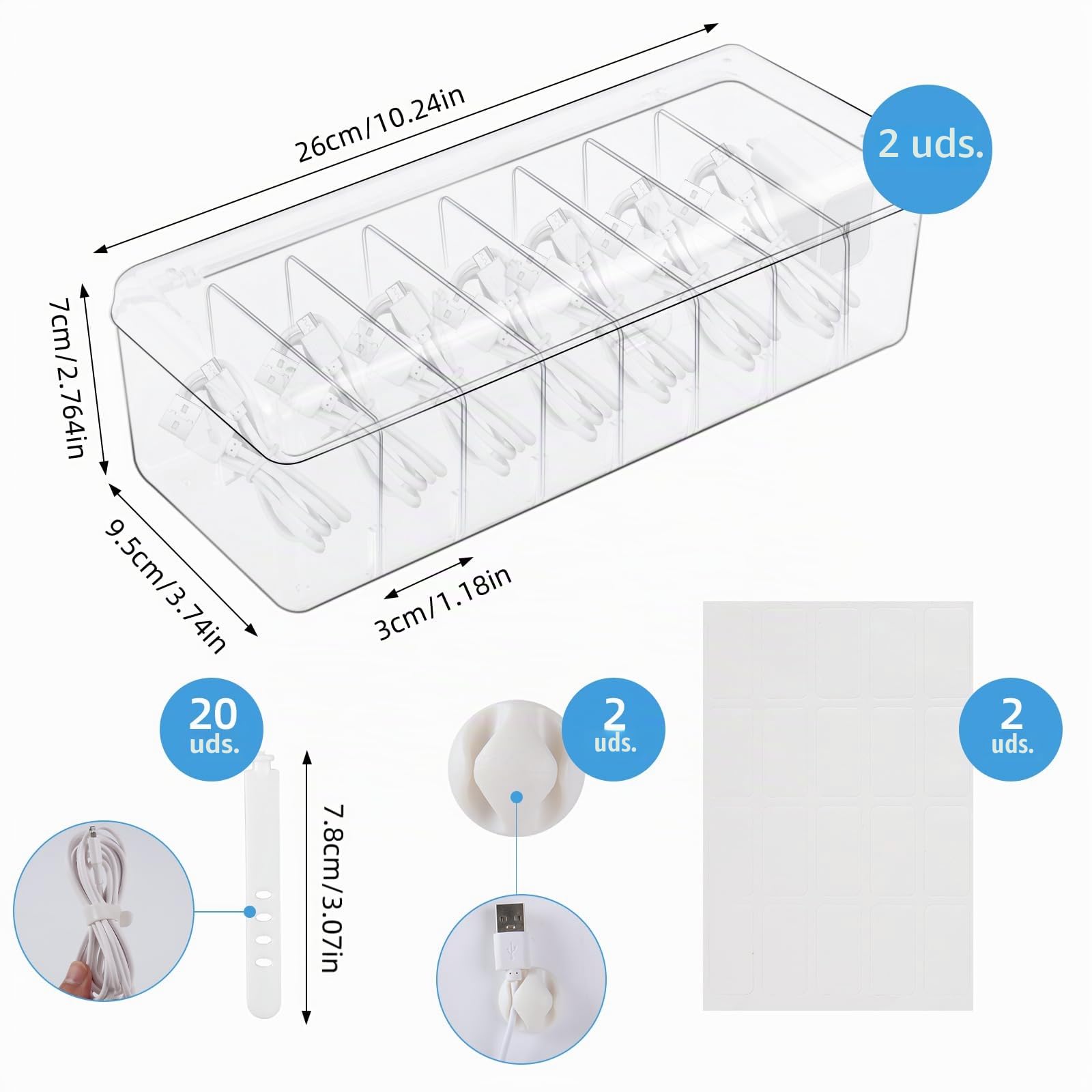 Arvok 2 Piezas Organizador de Cables con Tapa, Caja de Gestión de Cables con 8 Compartimentos Ajustables, Caja de Plástico para Almacenamiento de Escritorio, Guardar y Clasificar Cable de Carga