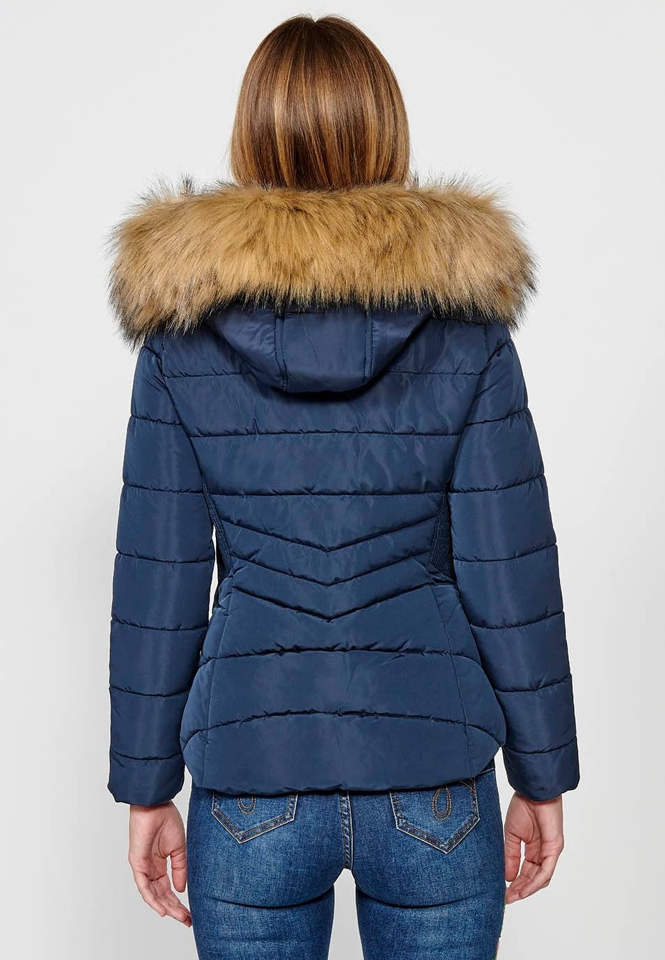 Koroshi NAVY - Giacca imbottita con cappuccio e colletto in pelliccia sintetica con chiusura frontale e cerniera, da donna