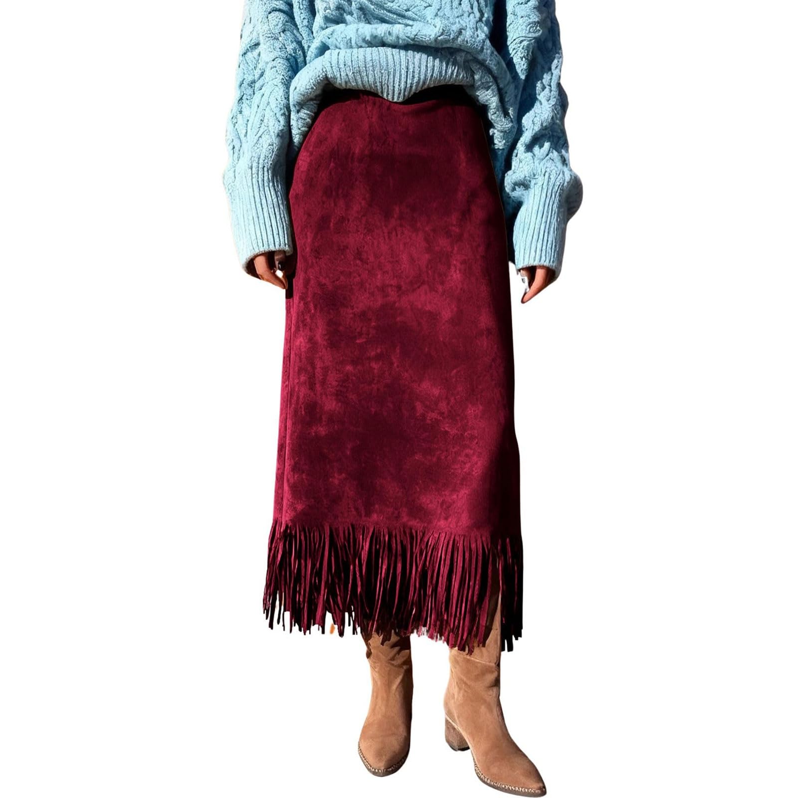Womens Fringe Trim Faux Suede Skirt High Waisted A Line Pencil Skirts Dressy Fall Winter Tassel Midi Long
