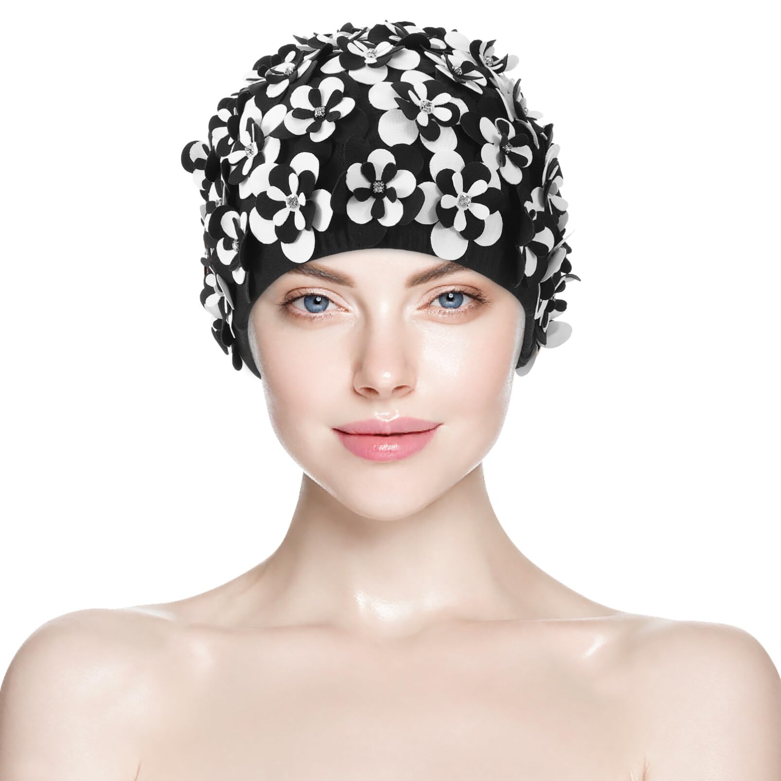Cuffia Nuoto Fiori per Adulti, Festa Estiva, Lunga Protezione | Nero in Cotone e Nailon, Facile da Indossare e Togliere, Adatta a Chioma Lunghi