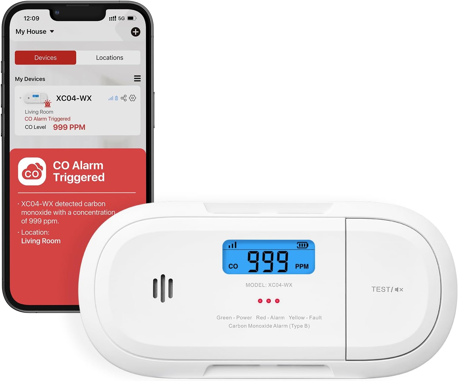 X-Sense Wi-Fi Smart Carbon Monoxide Alarm Carbon Monoxide Detector, Real-Time Push Notifications via X-Sense Home Security App, Replaceable Battery, Free-Standing Design, XC04-WX