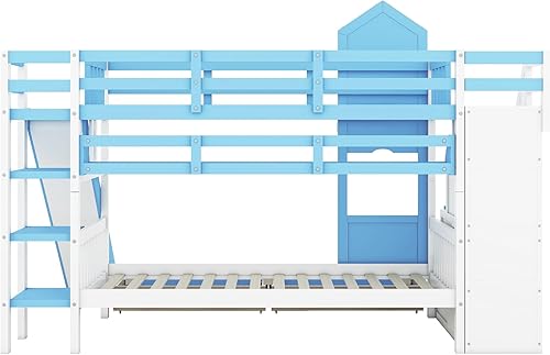 Miniatura 9 de SIYSNKSI Litera individual sobre individual con cama nido marco de litera de madera maciza con escaleras y escaleras y barandilla segura litera
