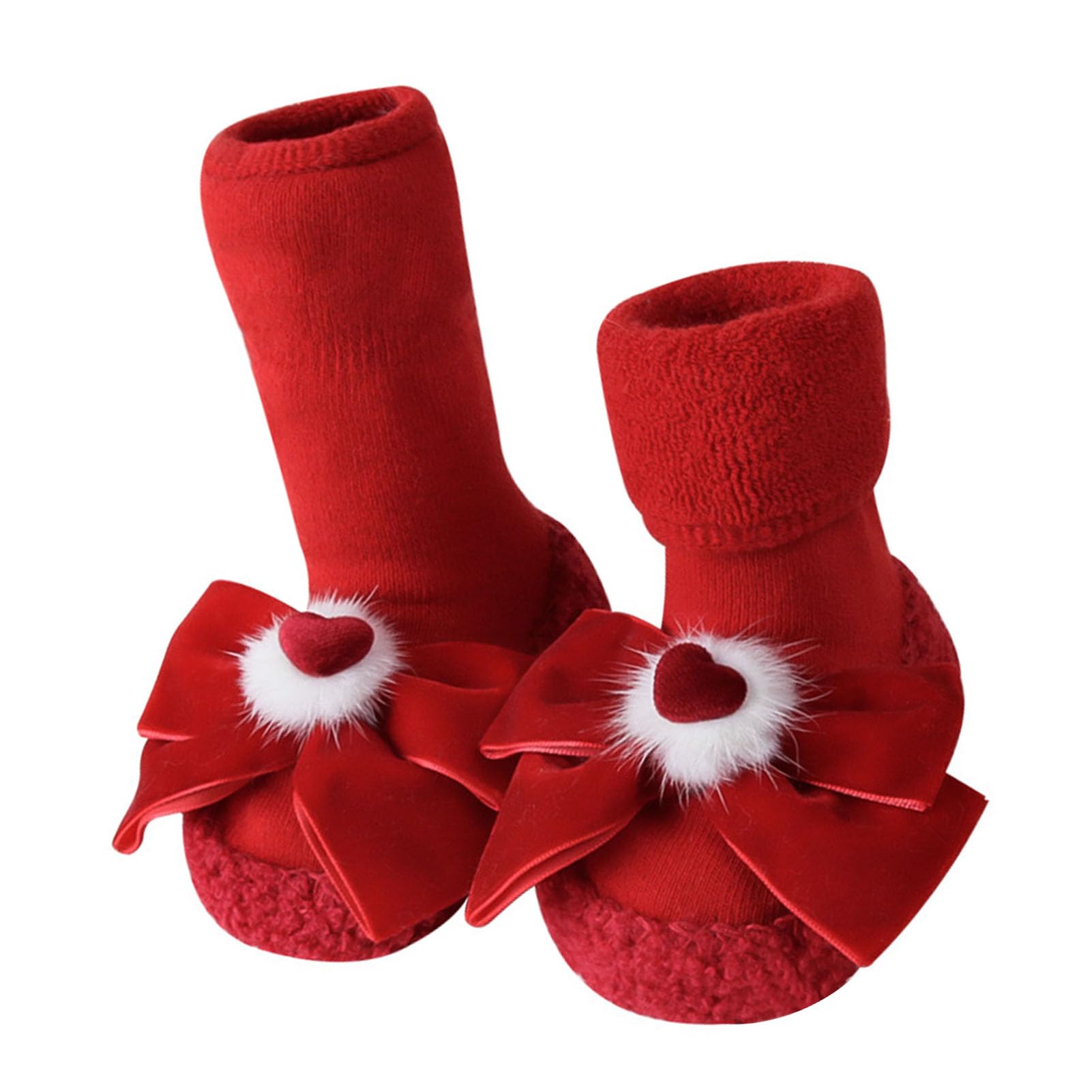 Antislip Red Thickened Baby Floor Socks with Heart Bow Sticker, Comfortable Toddler Floor Socks for New Year's Day, for (L)