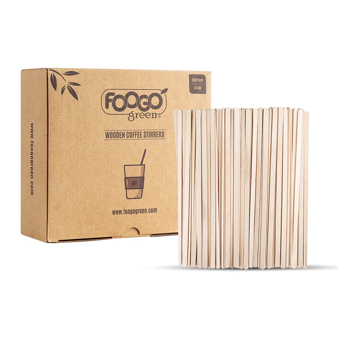 FOOGO Green 500pcs Wooden Coffee Stirrers, Extra Long 14cm / 5.5", FSC® Certified, Cocktail Stirrers, Wooden Sticks for Craft, for Cold and Hot Drinks, Eco-Friendly, Compostable and Sturdy